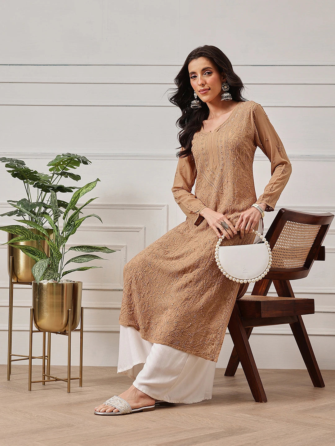 Ada Hand Embroidered Fawn Georgette Lucknowi Chikankari Kurta A411333