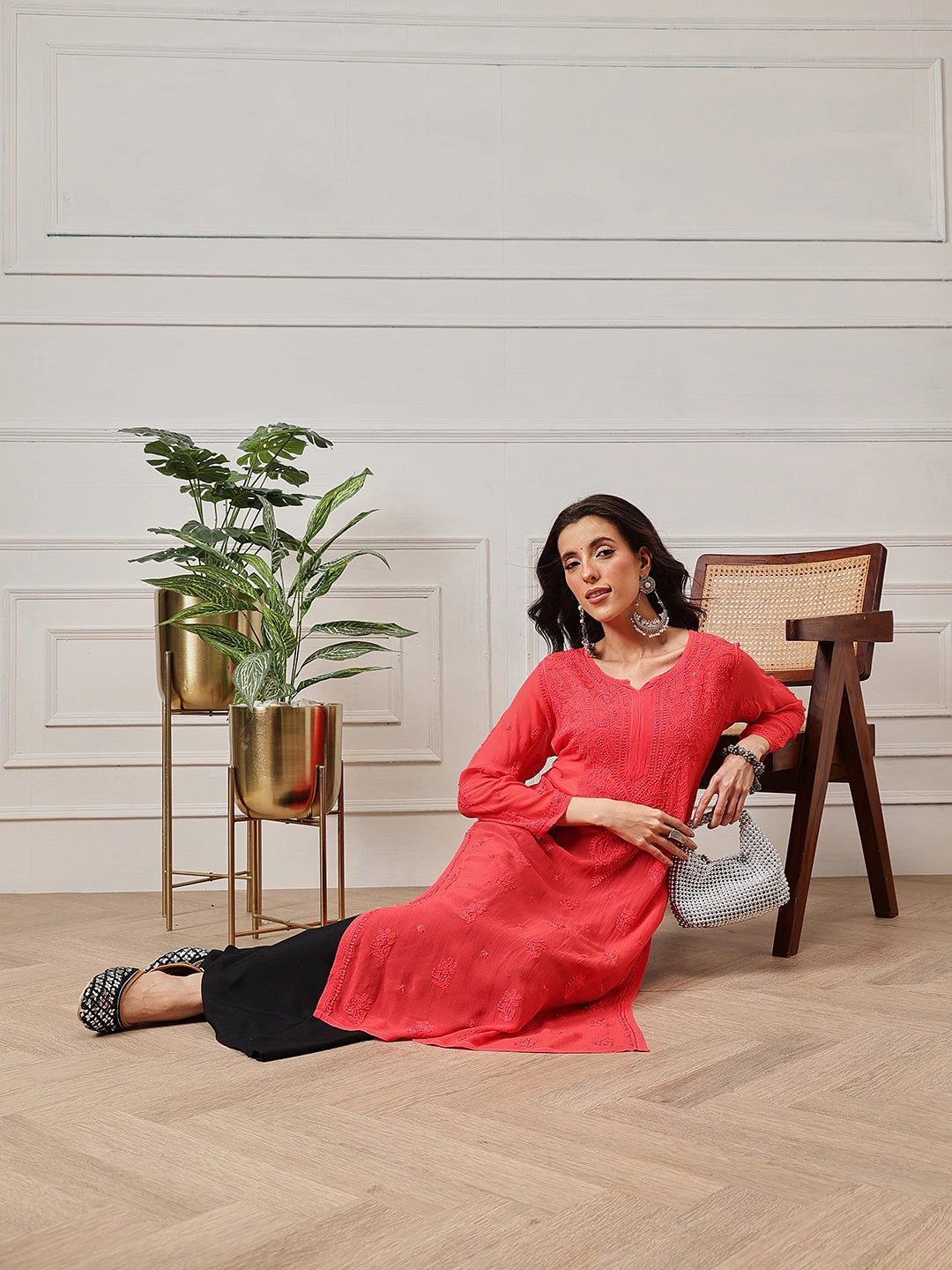 Ada Hand Embroidered Carrot Pink Georgette Lucknowi Chikankari Straight Kurta A411189