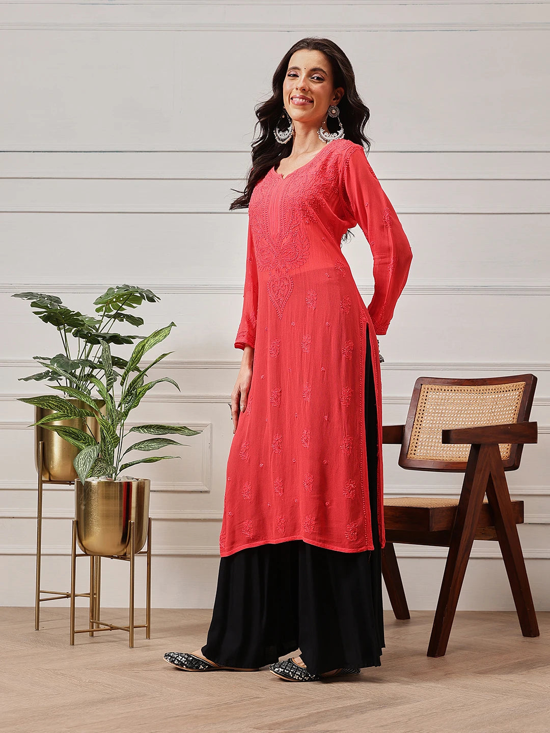 Ada Hand Embroidered Carrot Pink Georgette Lucknowi Chikankari Straight Kurta A411189