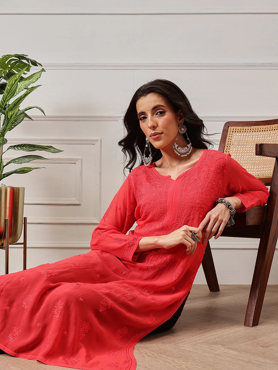 Ada Hand Embroidered Carrot Pink Georgette Lucknowi Chikankari Straight Kurta A411189