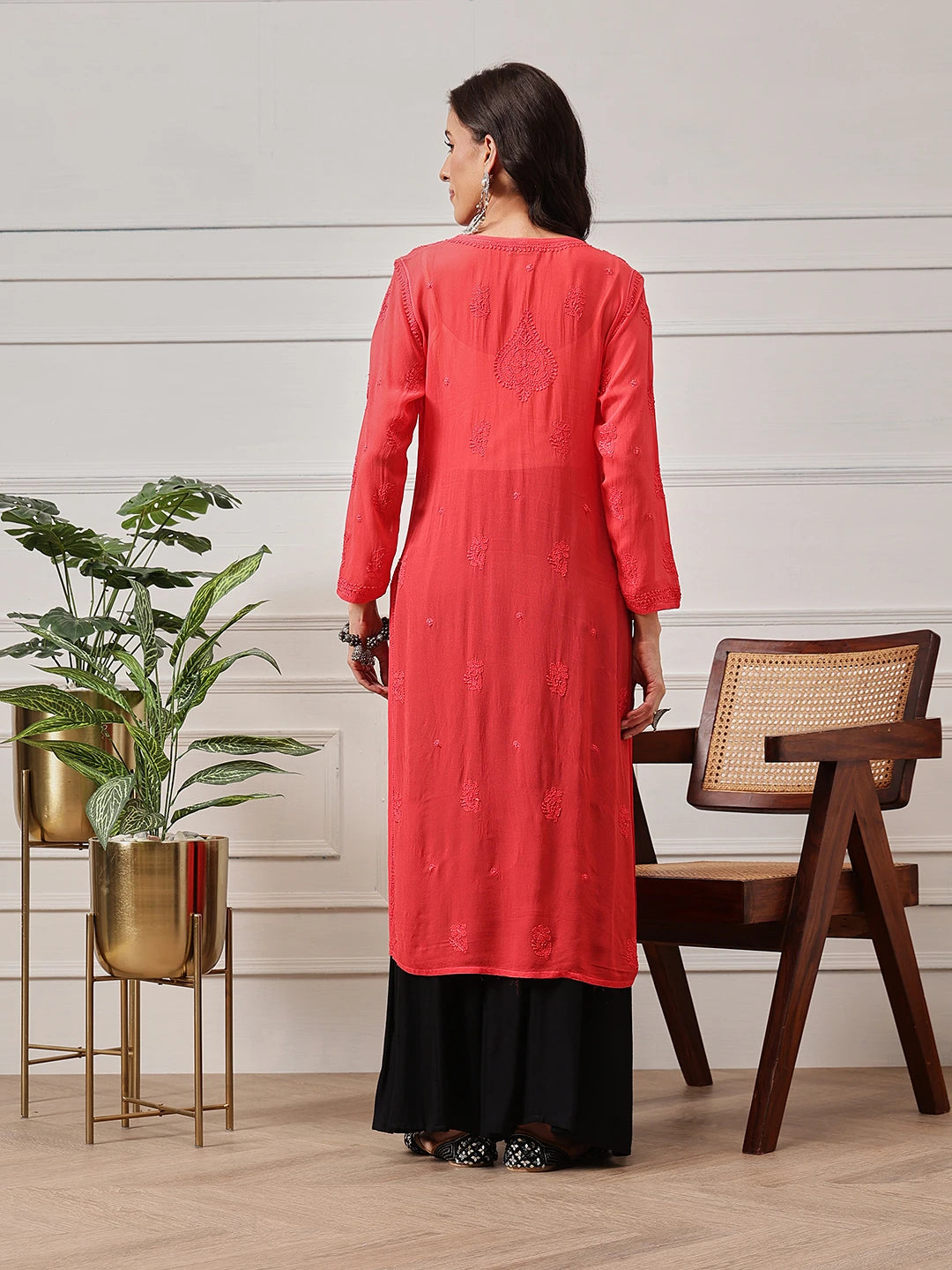Ada Hand Embroidered Carrot Pink Georgette Lucknowi Chikankari Straight Kurta A411189