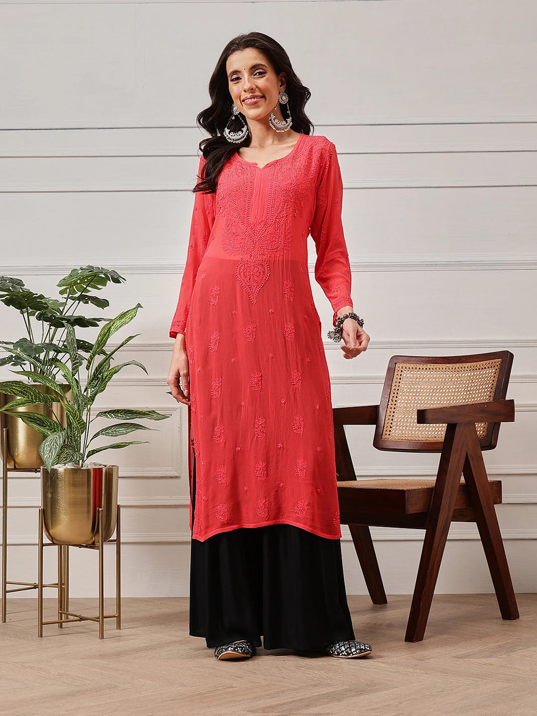 Ada Hand Embroidered Carrot Pink Georgette Lucknowi Chikankari Straight Kurta A411189