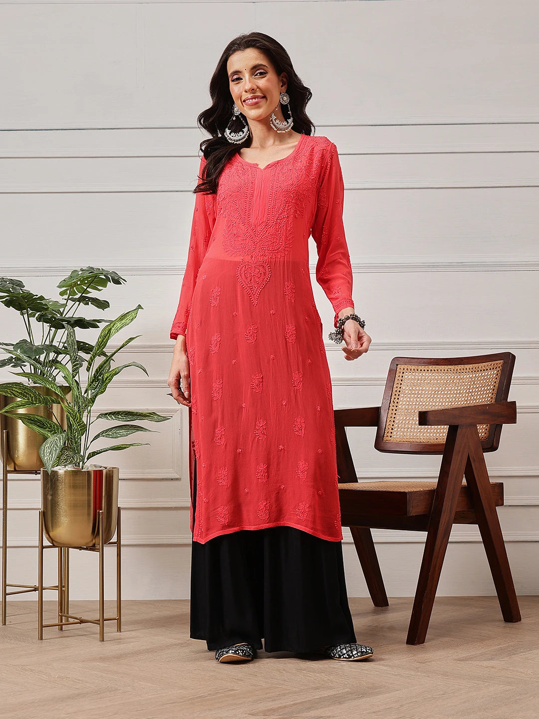 Ada Hand Embroidered Carrot Pink Georgette Lucknowi Chikankari Straight Kurta A411189
