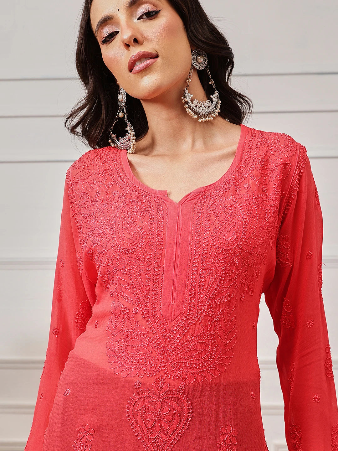 Ada Hand Embroidered Carrot Pink Georgette Lucknowi Chikankari Straight Kurta A411189