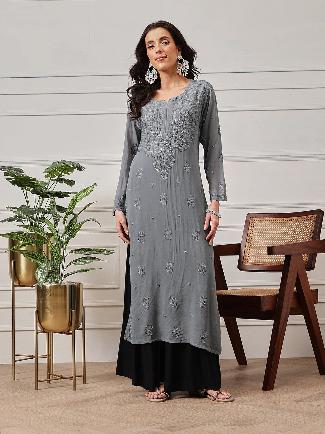 Ada Hand Embroidered Grey Georgette Lucknowi Chikan straight Kurta A411185