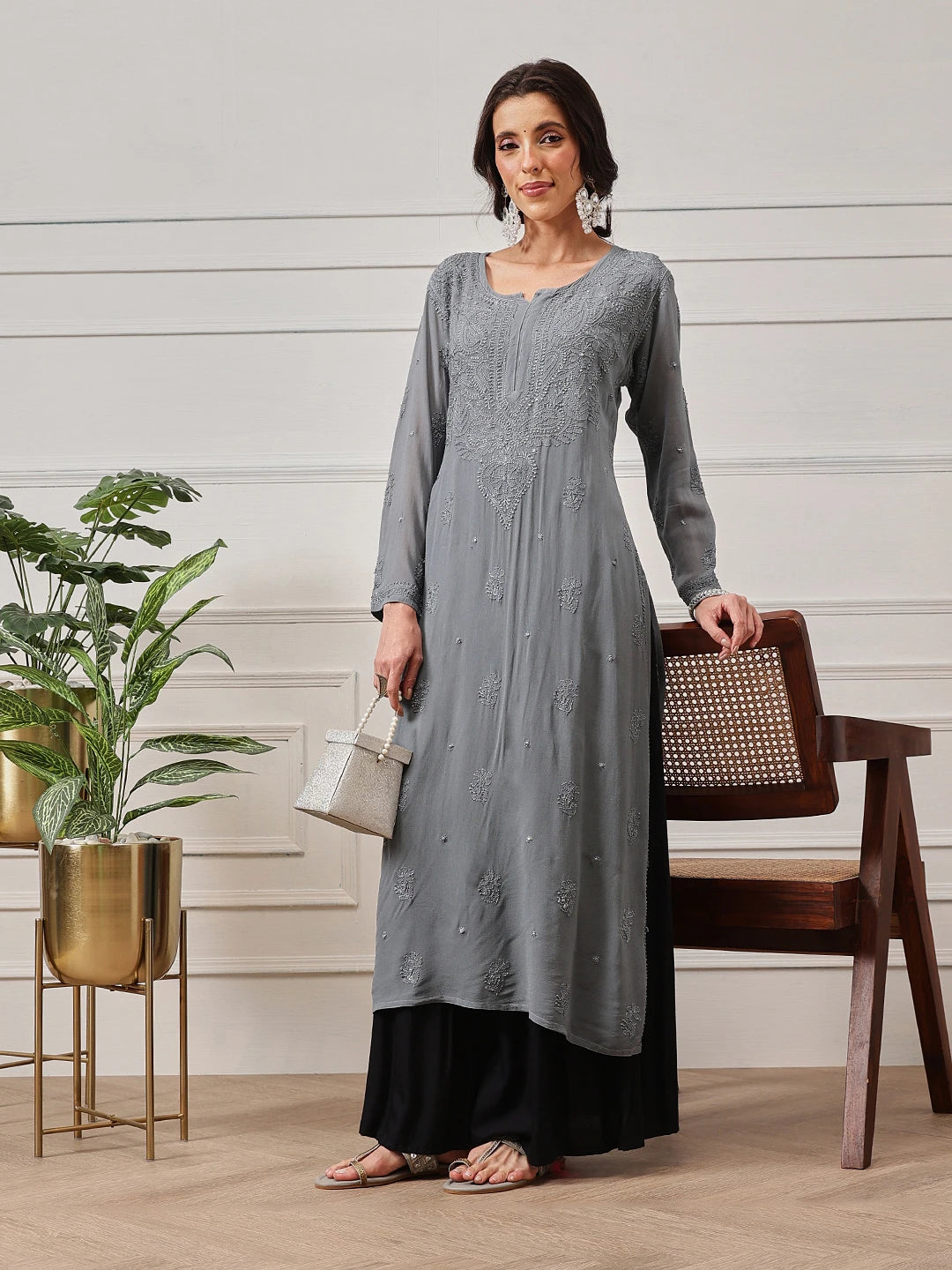 Ada Hand Embroidered Grey Georgette Lucknowi Chikan straight Kurta A411185