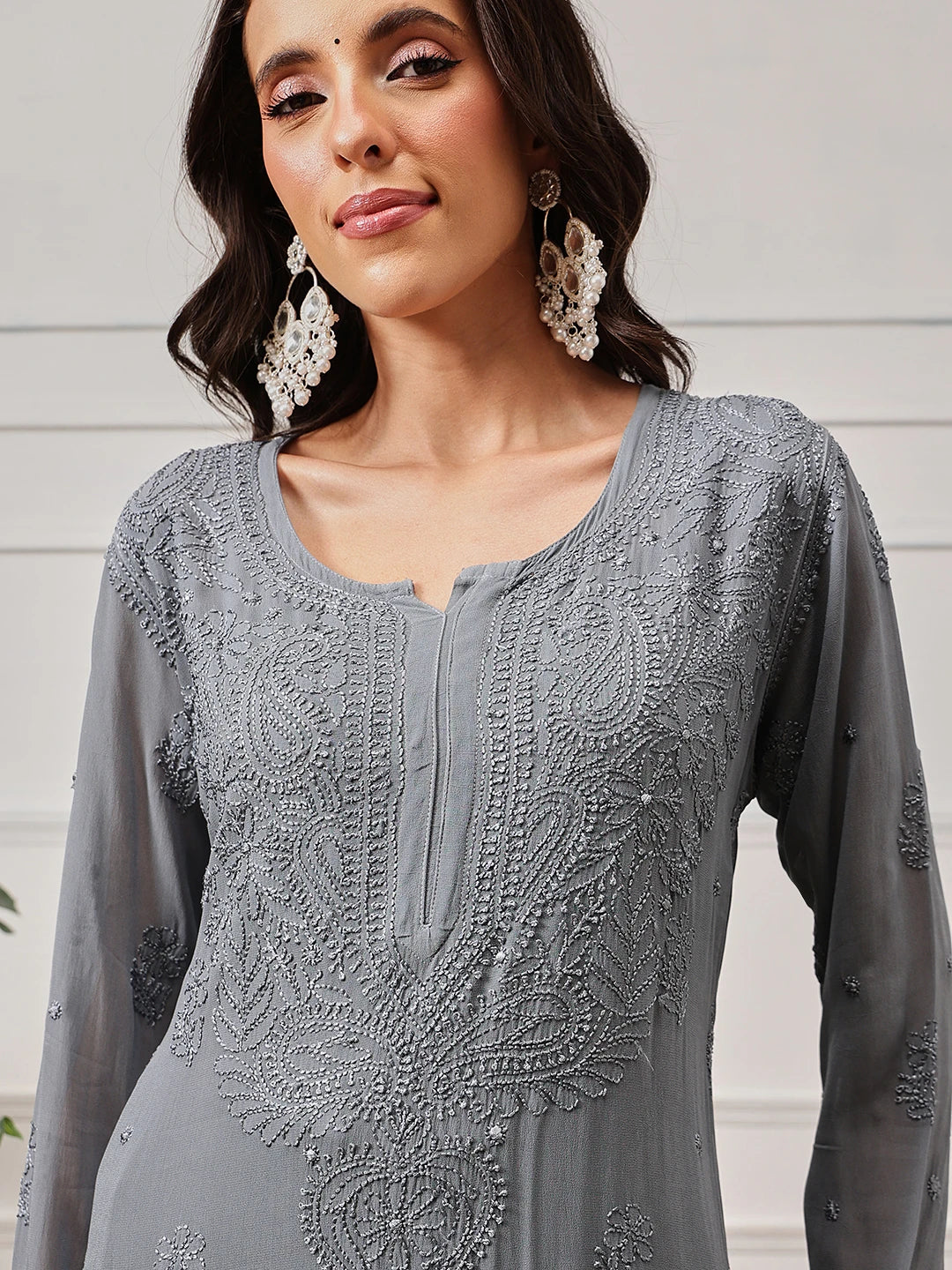 Ada Hand Embroidered Grey Georgette Lucknowi Chikan straight Kurta A411185