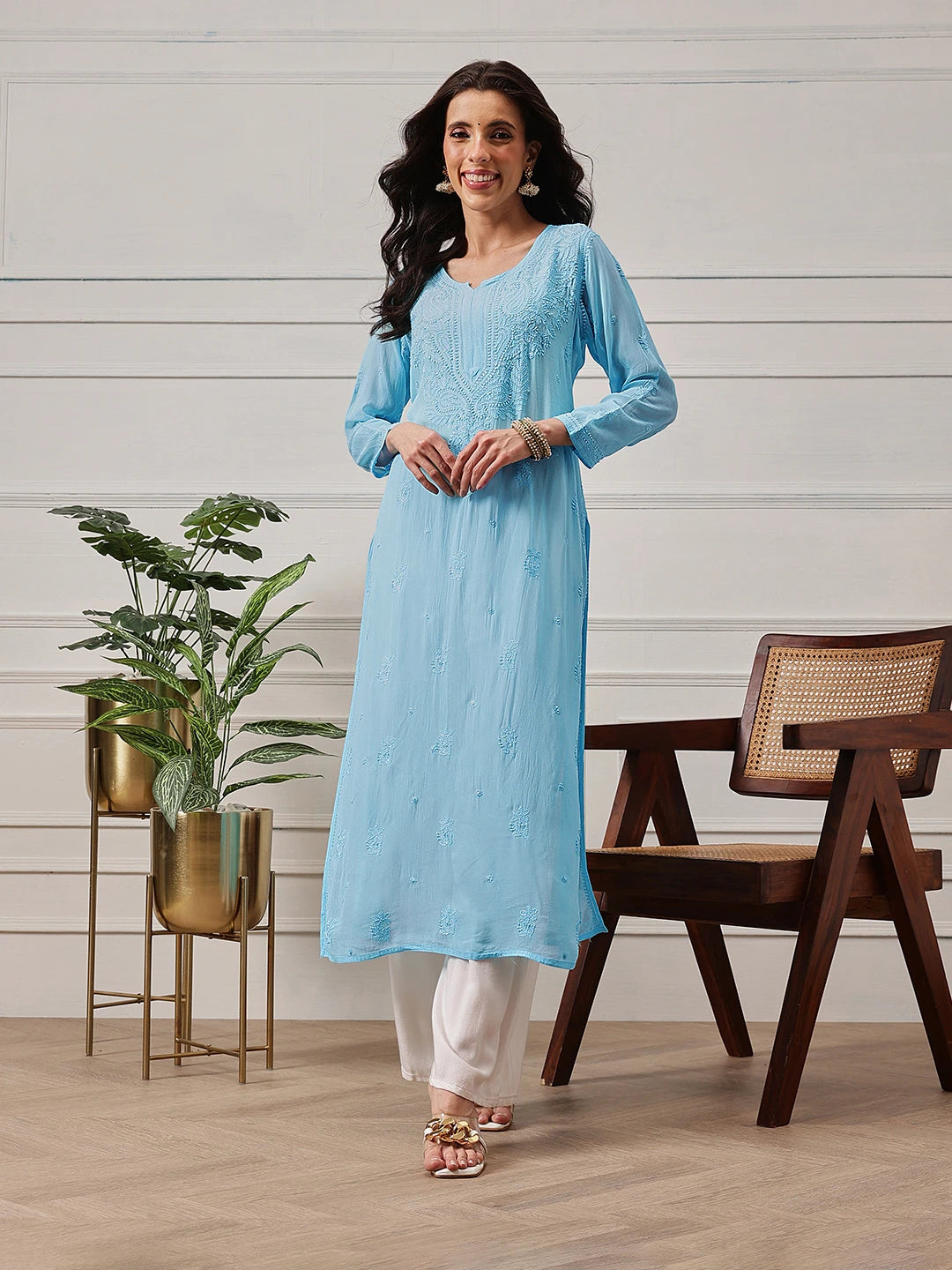 Ada Hand Embroidered Blue Georgette Lucknowi Chikankari Straight Kurta A411188