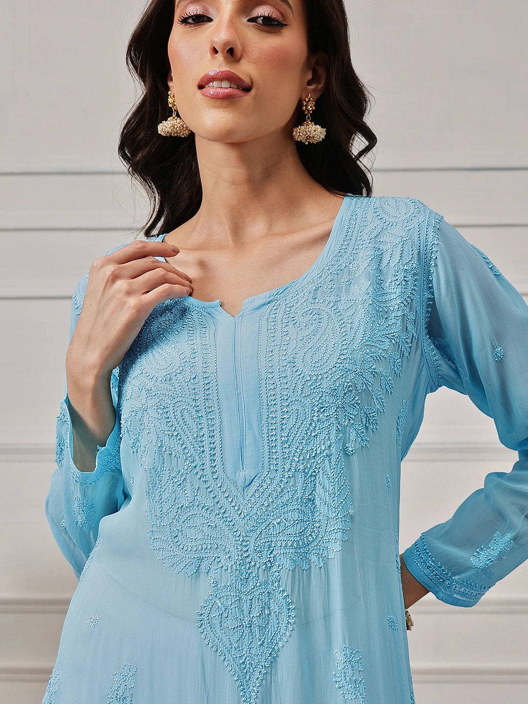Ada Hand Embroidered Blue Georgette Lucknowi Chikankari Straight Kurta A411188