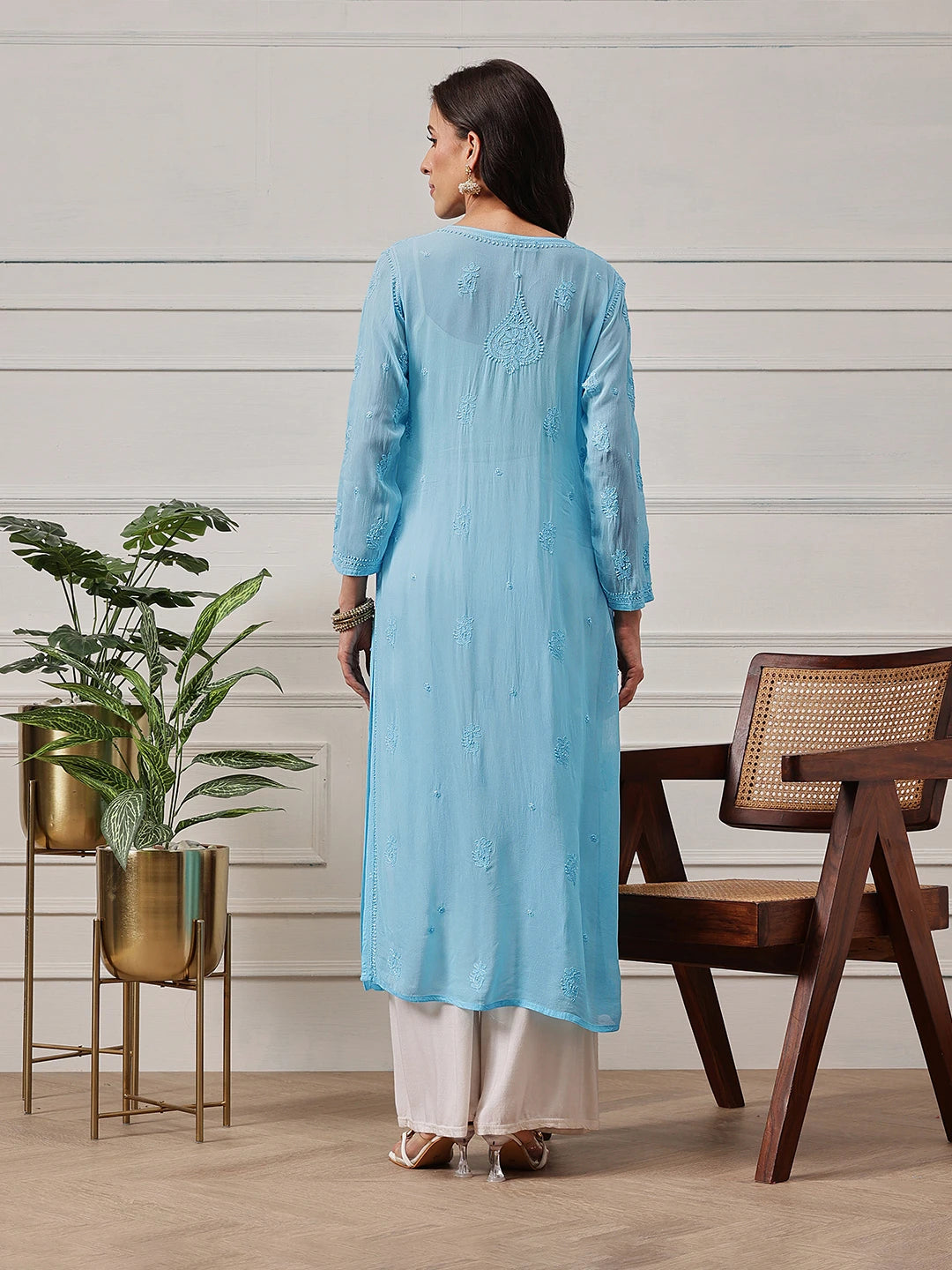 Ada Hand Embroidered Blue Georgette Lucknowi Chikankari Straight Kurta A411188