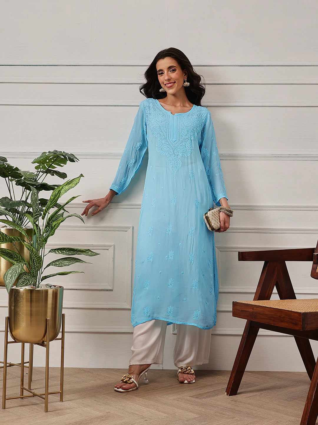 Ada Hand Embroidered Blue Georgette Lucknowi Chikankari Straight Kurta A411188