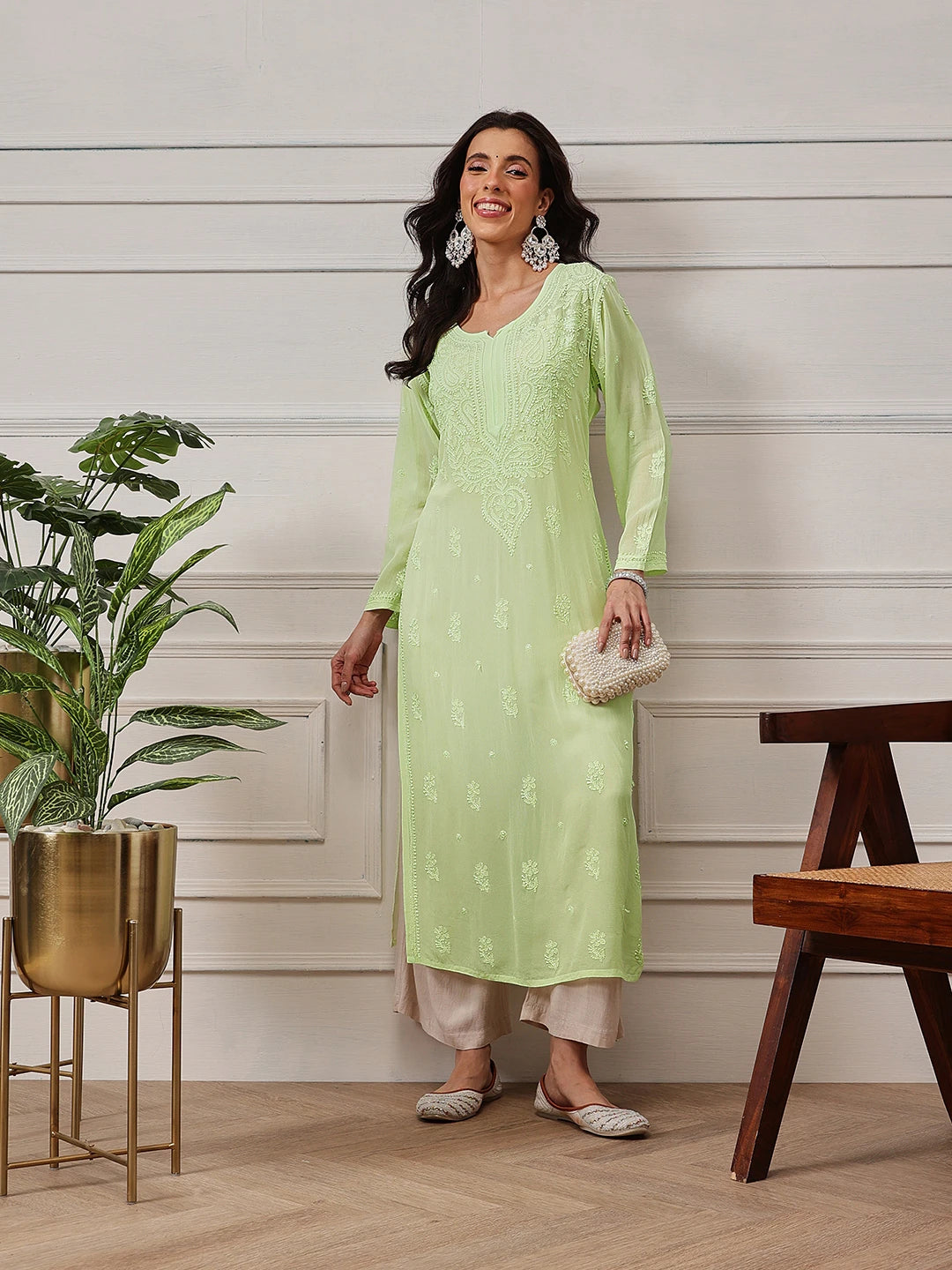 Ada Hand Embroidered Pista Green Georgette Lucknowi Chikankari Straight  Kurta A411225