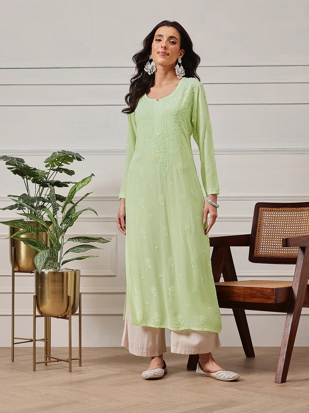 Ada Hand Embroidered Pista Green Georgette Lucknowi Chikankari Straight  Kurta A411225