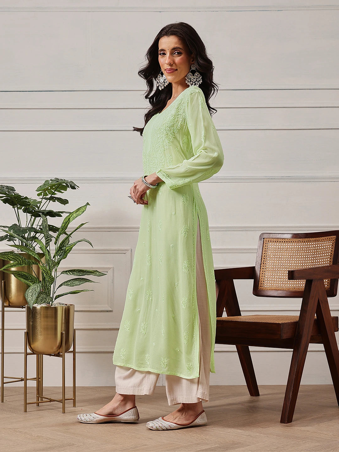 Ada Hand Embroidered Pista Green Georgette Lucknowi Chikankari Straight  Kurta A411225