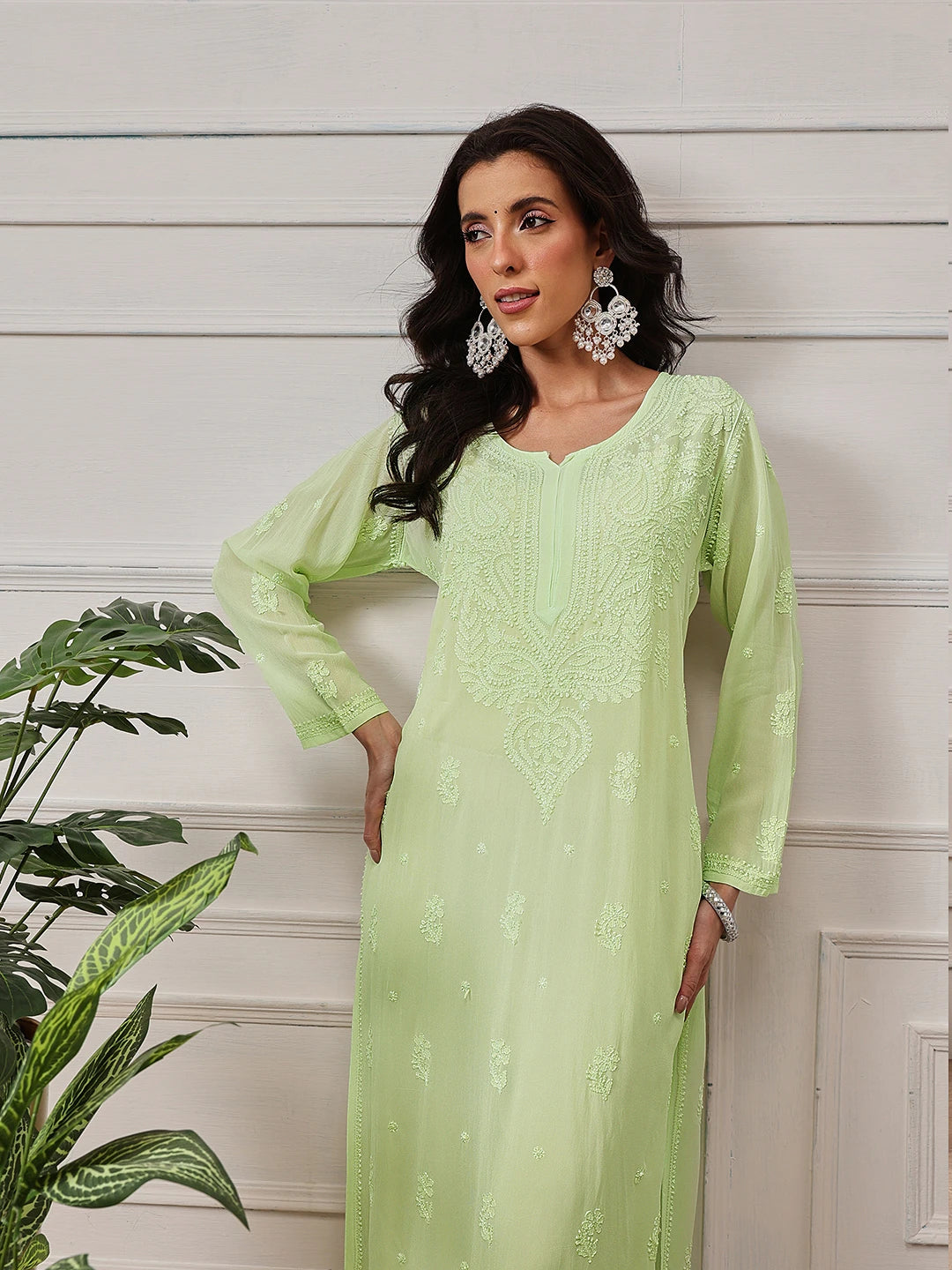 Ada Hand Embroidered Pista Green Georgette Lucknowi Chikankari Straight  Kurta A411225