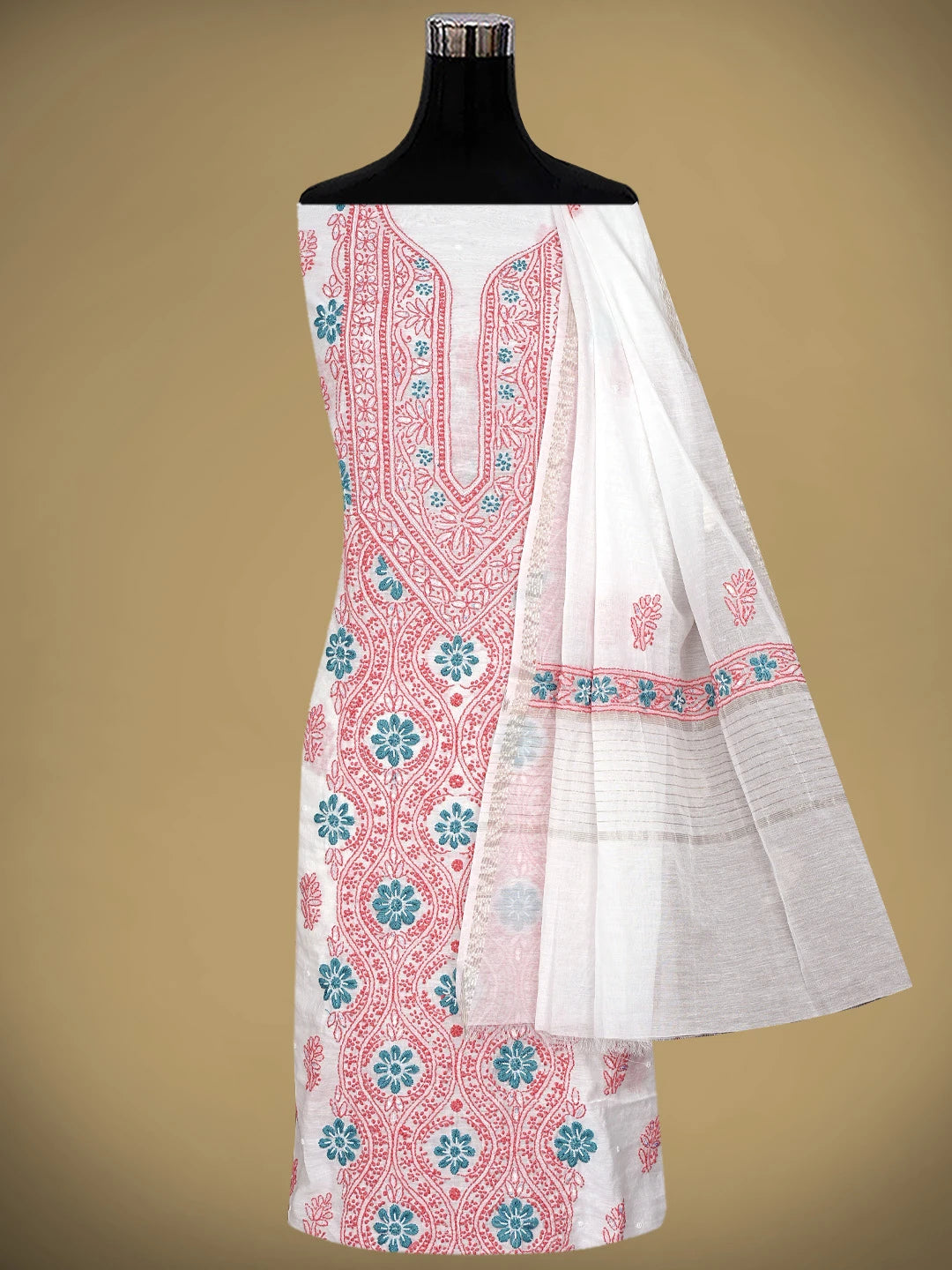 Ada Hand Embroidered White Chanderi Lucknowi Chikankari Kurta Dupatta Set with Pearl & Sequinned Work 01A897637