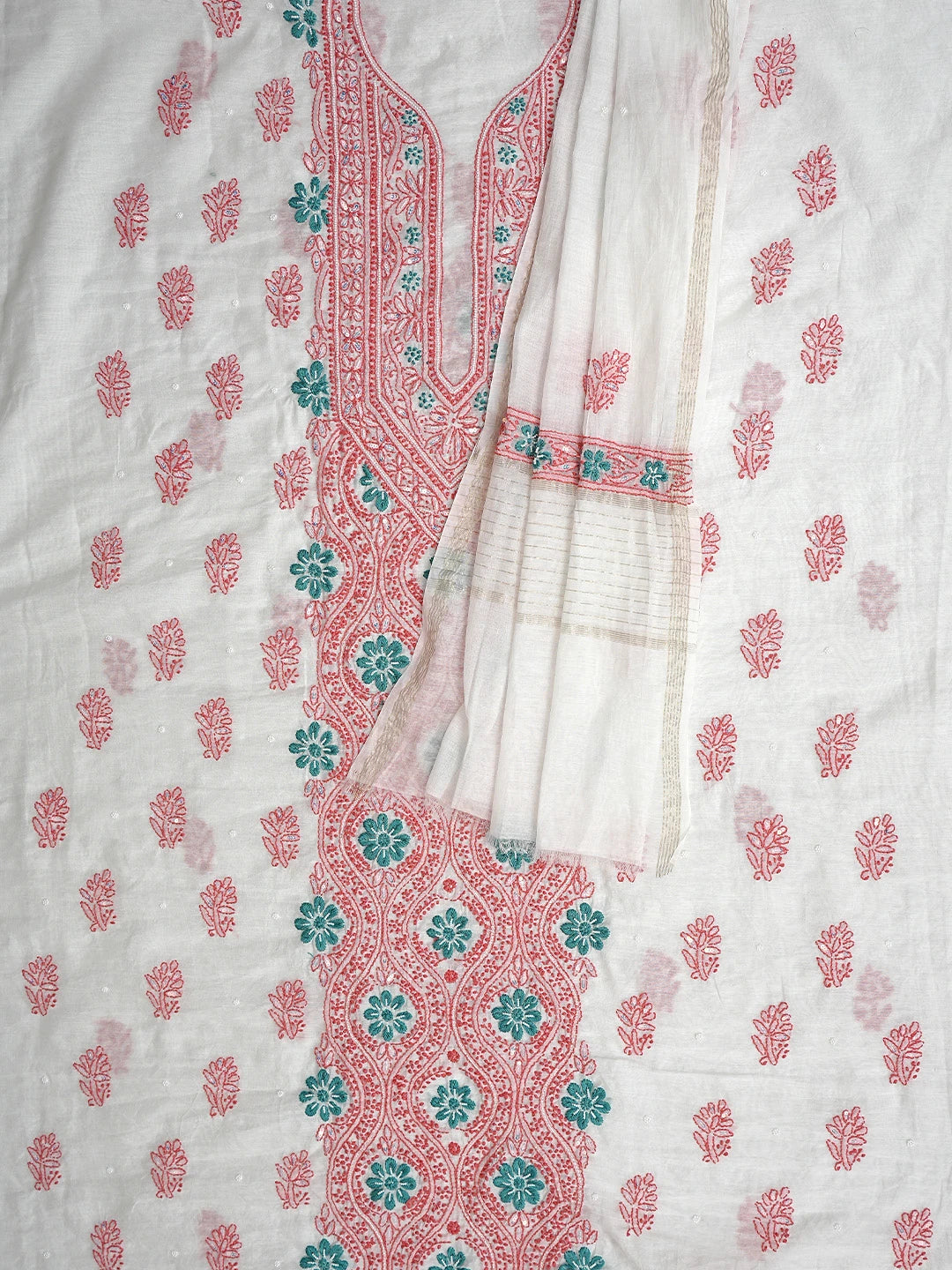 Ada Hand Embroidered White Chanderi Lucknowi Chikankari Kurta Dupatta Set with Pearl & Sequinned Work 01A897637