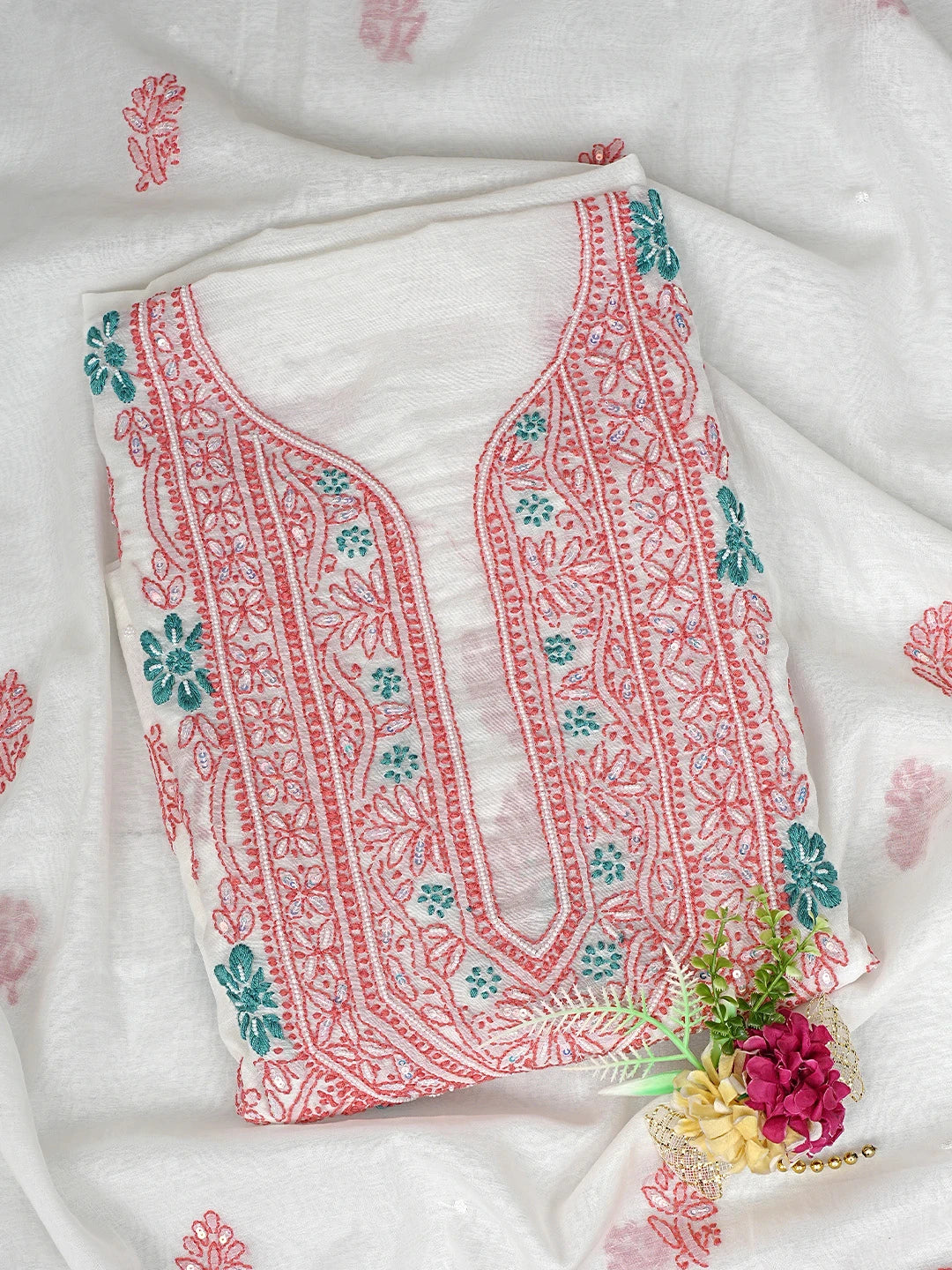 Ada Hand Embroidered White Chanderi Lucknowi Chikankari Kurta Dupatta Set with Pearl & Sequinned Work 01A897637
