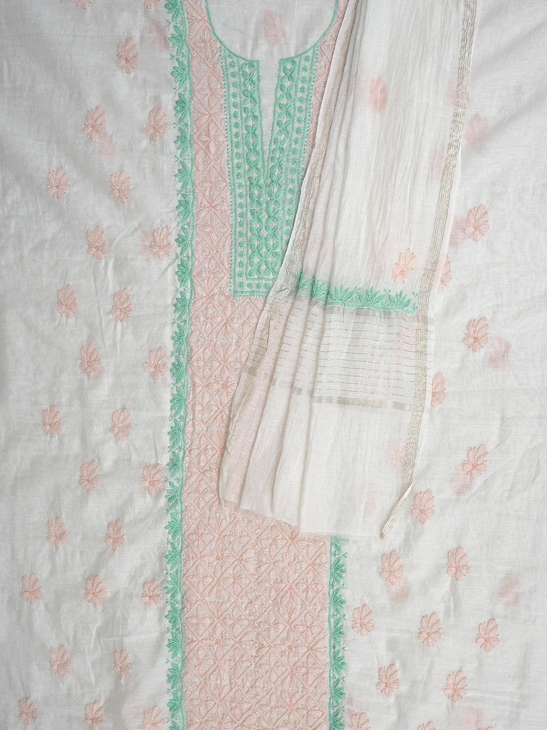 Ada Hand Embroidered Beige Chanderi Lucknowi Chikankari Kurta Dupatta Set 01A897642
