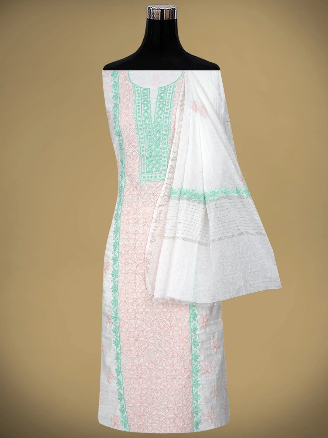 Ada Hand Embroidered Beige Chanderi Lucknowi Chikankari Kurta Dupatta Set 01A897642