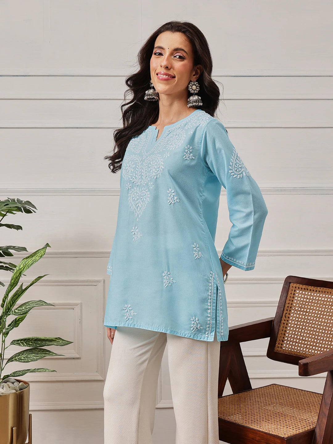 Ada Hand Embroidered Sky Blue Cotton Lucknowi Chikankari Straight Kurti A911367