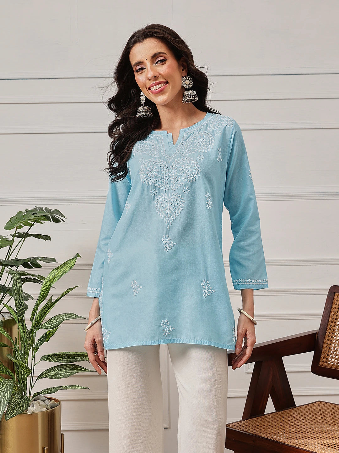 Ada Hand Embroidered Sky Blue Cotton Lucknowi Chikankari Straight Kurti A911367