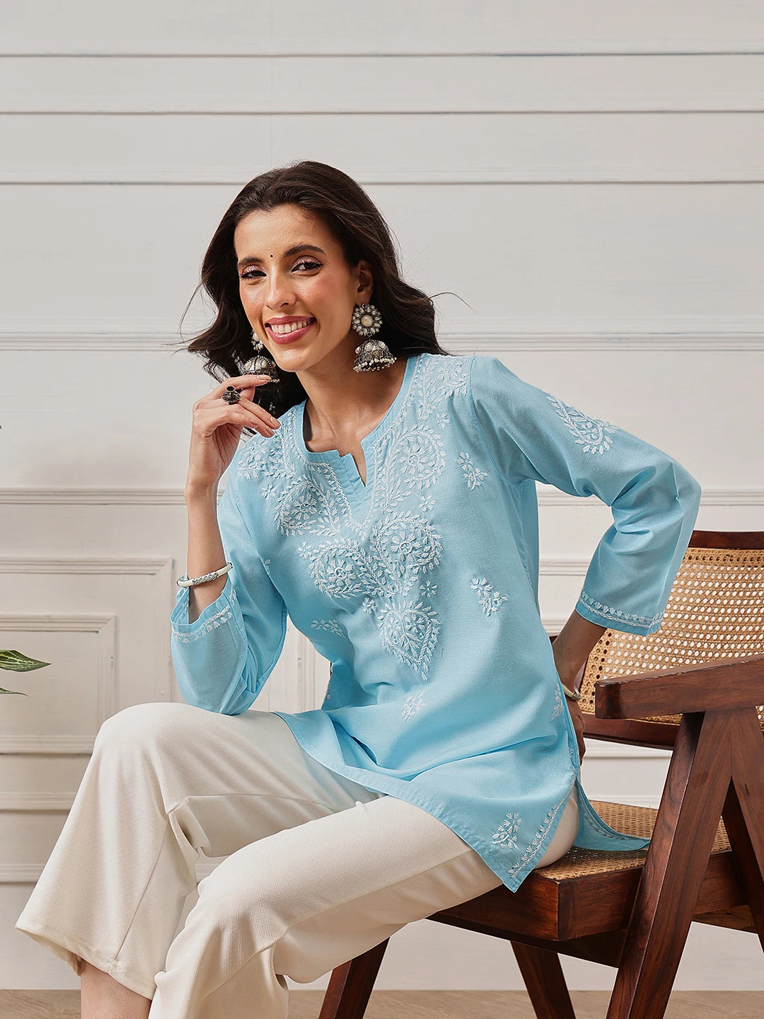 Ada Hand Embroidered Sky Blue Cotton Lucknowi Chikankari Straight Kurti A911367