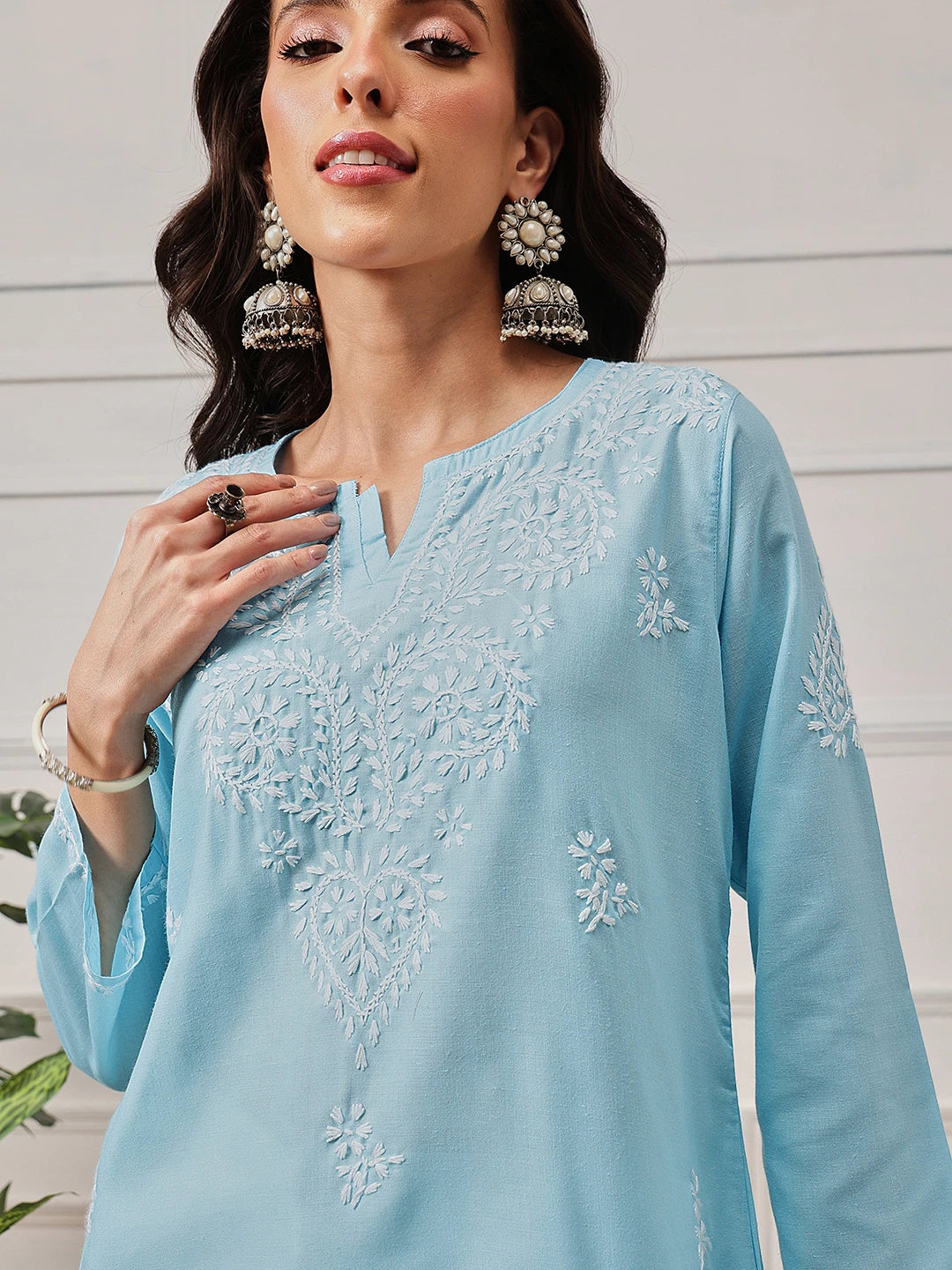 Ada Hand Embroidered Sky Blue Cotton Lucknowi Chikankari Straight Kurti A911367