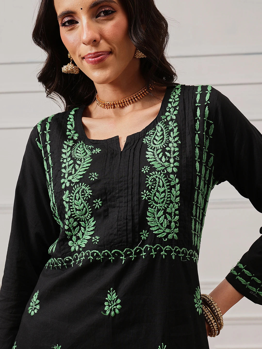 Ada Hand Embroidered Black Cotton Lucknowi Chikankari Straight Kurta A411427