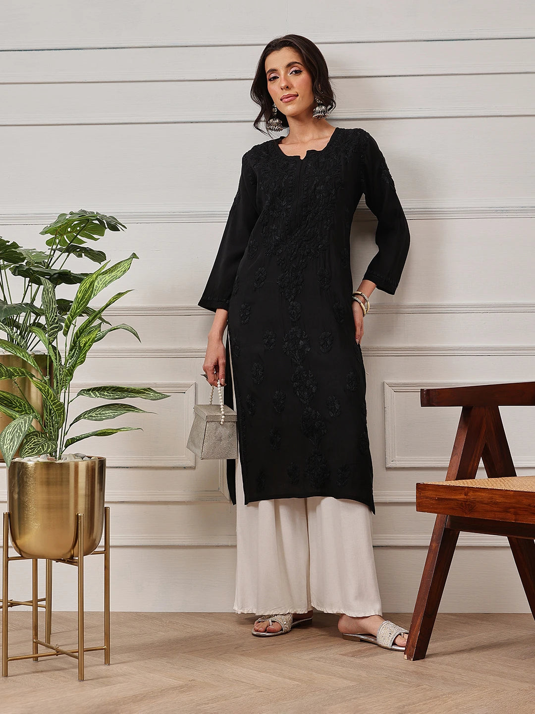Ada Hand Embroidered Black Chanderi Lucknowi Chikankari Straight Kurta A411779
