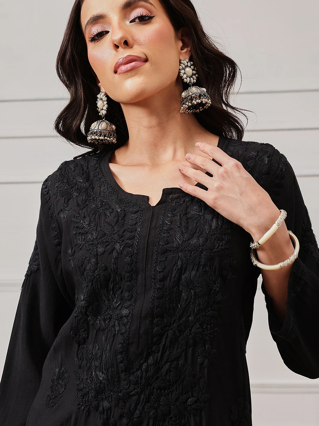 Ada Hand Embroidered Black Chanderi Lucknowi Chikankari Straight Kurta A411779