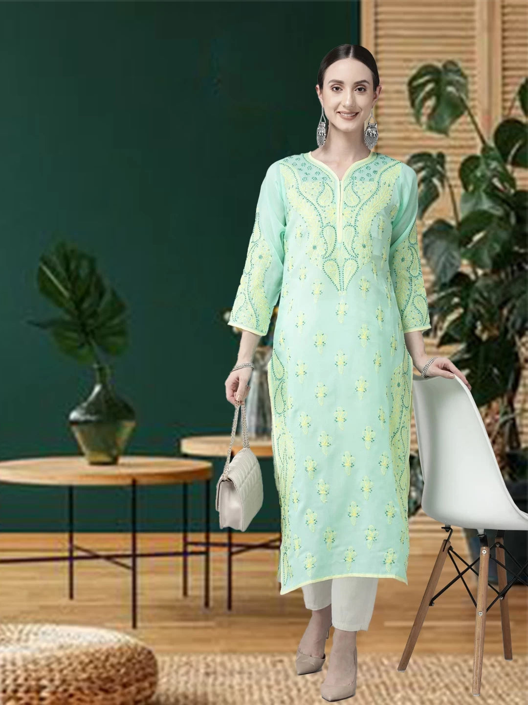 Ada Hand Embroidered Sea Green Cotton Lucknowi Chikankari Straight Kurta A253605