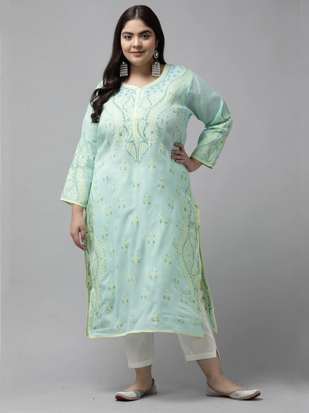Ada Hand Embroidered Sea Green Cotton Lucknowi Chikankari Straight Kurta A253605