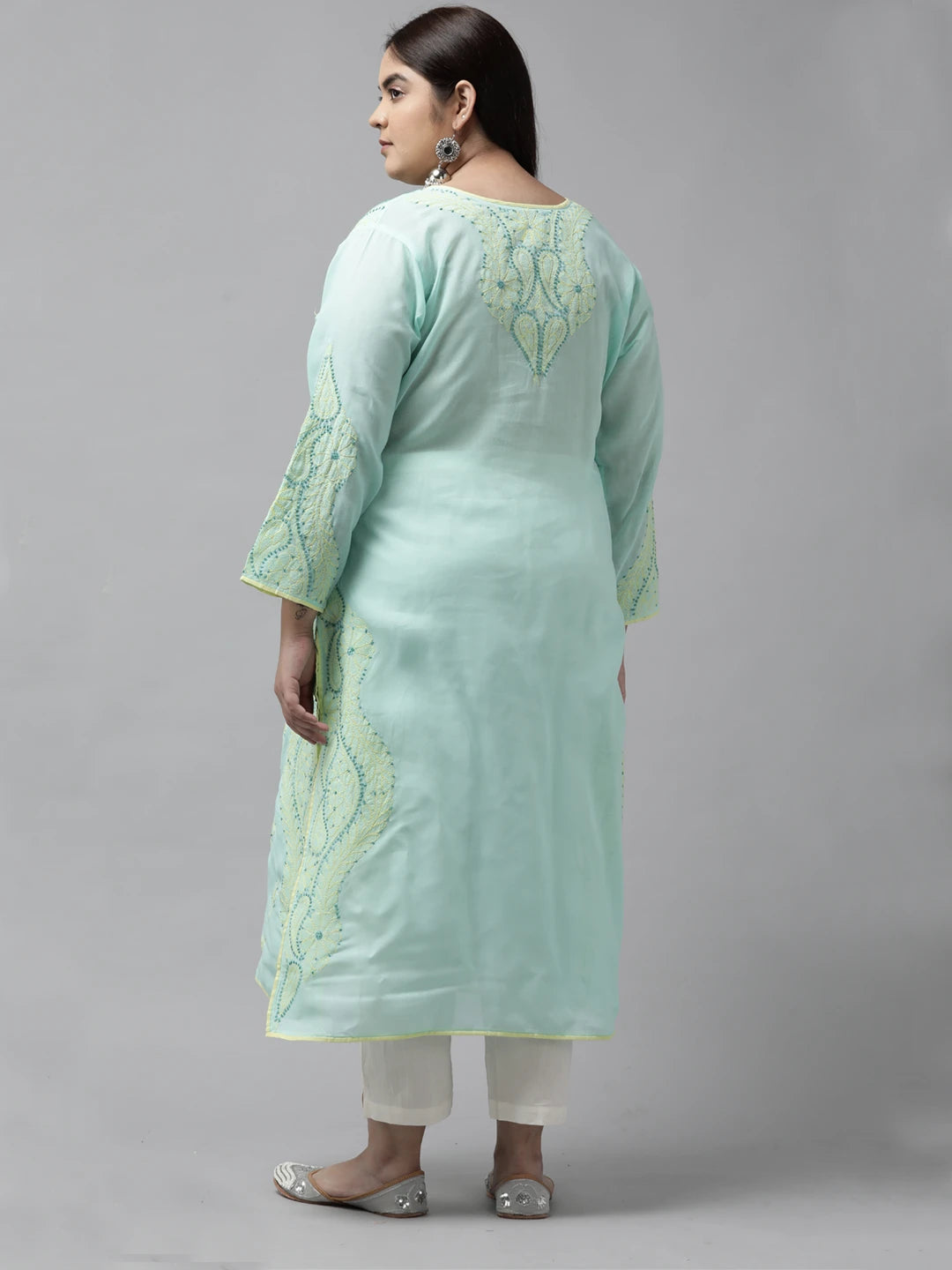 Ada Hand Embroidered Sea Green Cotton Lucknowi Chikankari Straight Kurta A253605