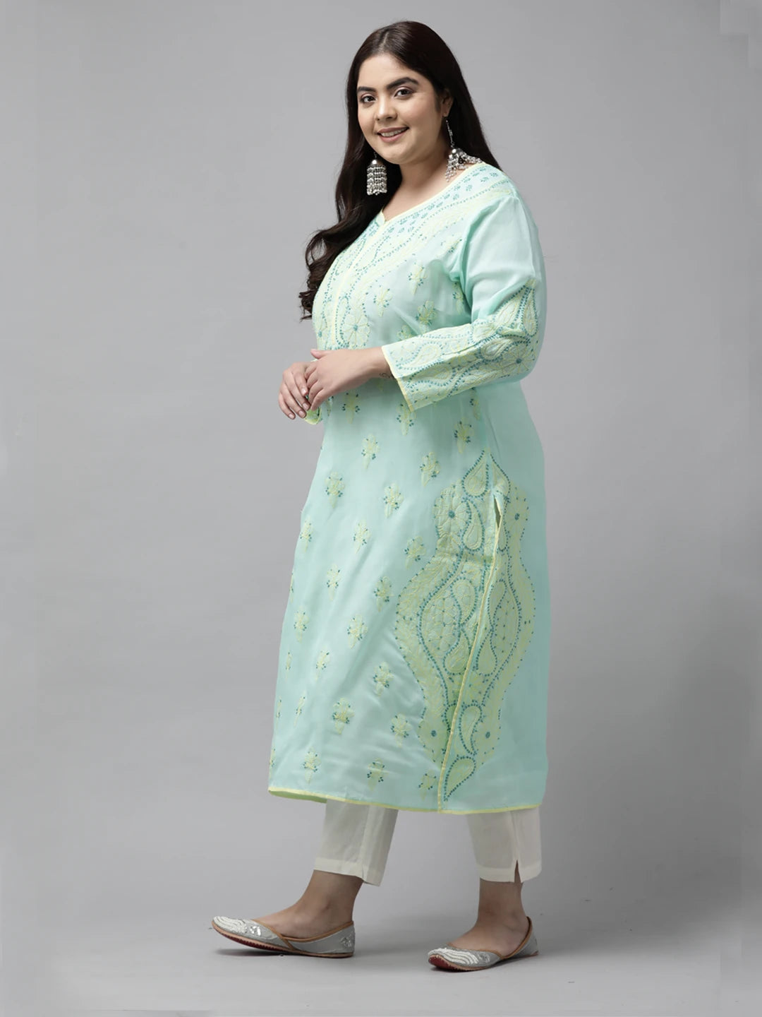 Ada Hand Embroidered Sea Green Cotton Lucknowi Chikankari Straight Kurta A253605