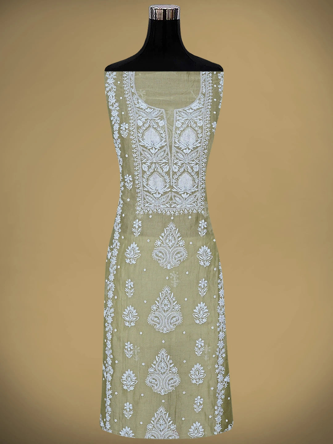 Ada Hand Embroidered Olive Green Chanderi Lucknowi Chikankari Semi-Stitched Kurta Dupatta Set with Pearl & Cutdana Work 01A879076