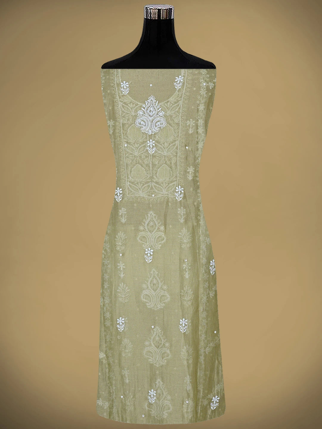 Ada Hand Embroidered Olive Green Chanderi Lucknowi Chikankari Semi-Stitched Kurta Dupatta Set with Pearl & Cutdana Work 01A879076