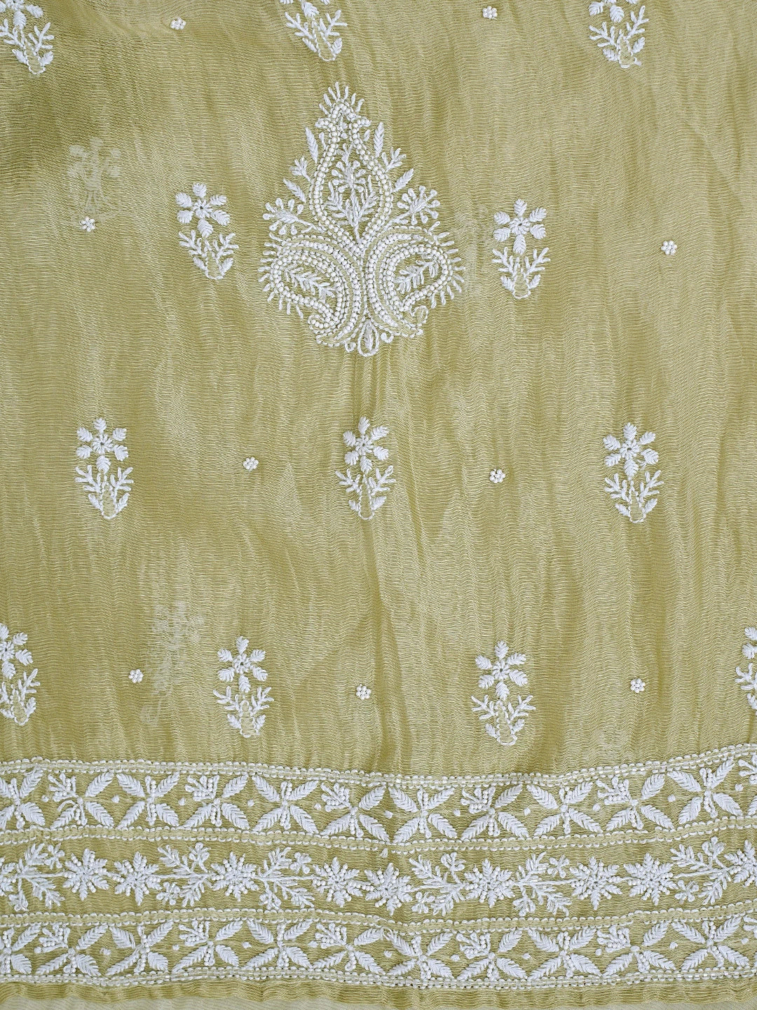 Ada Hand Embroidered Olive Green Chanderi Lucknowi Chikankari Semi-Stitched Kurta Dupatta Set with Pearl & Cutdana Work 01A879076