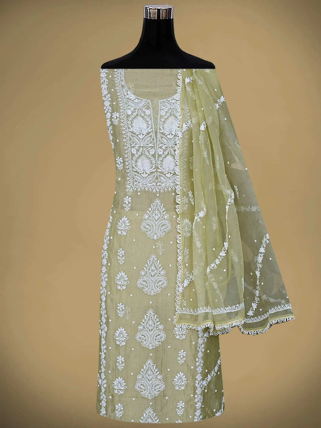 Ada Hand Embroidered Olive Green Chanderi Lucknowi Chikankari Semi-Stitched Kurta Dupatta Set with Pearl & Cutdana Work 01A879076