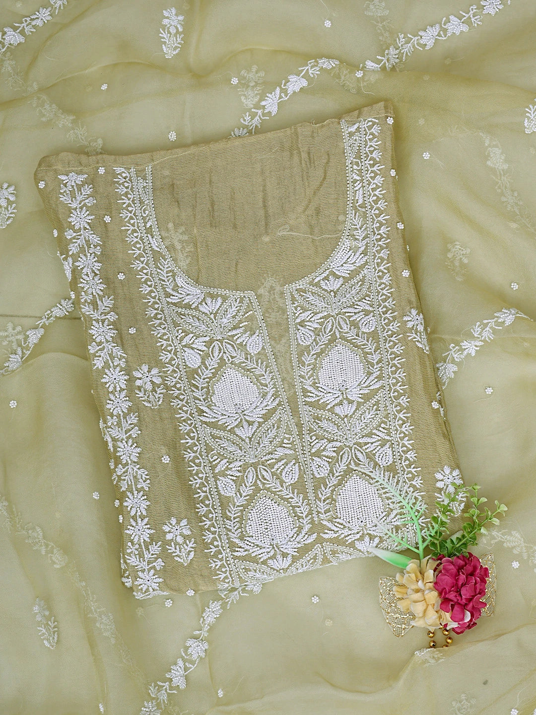 Ada Hand Embroidered Olive Green Chanderi Lucknowi Chikankari Semi-Stitched Kurta Dupatta Set with Pearl & Cutdana Work 01A879076