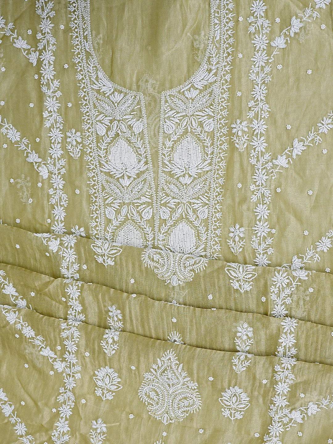 Ada Hand Embroidered Olive Green Chanderi Lucknowi Chikankari Semi-Stitched Kurta Dupatta Set with Pearl & Cutdana Work 01A879076