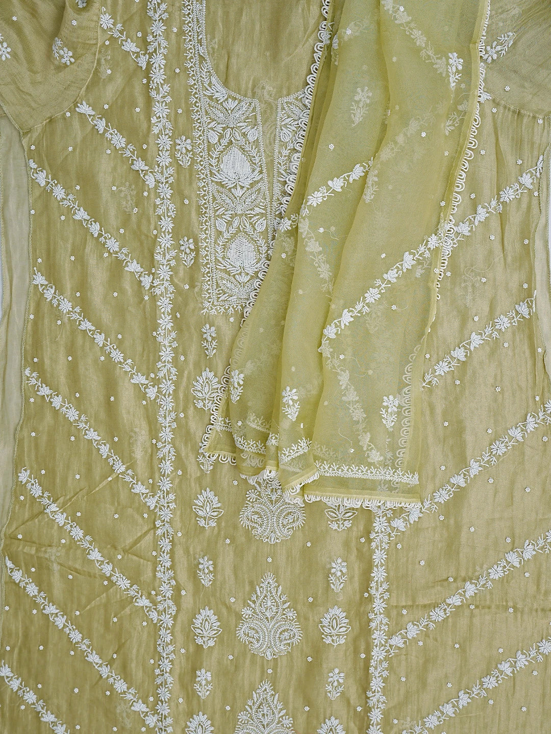 Ada Hand Embroidered Olive Green Chanderi Lucknowi Chikankari Semi-Stitched Kurta Dupatta Set with Pearl & Cutdana Work 01A879076