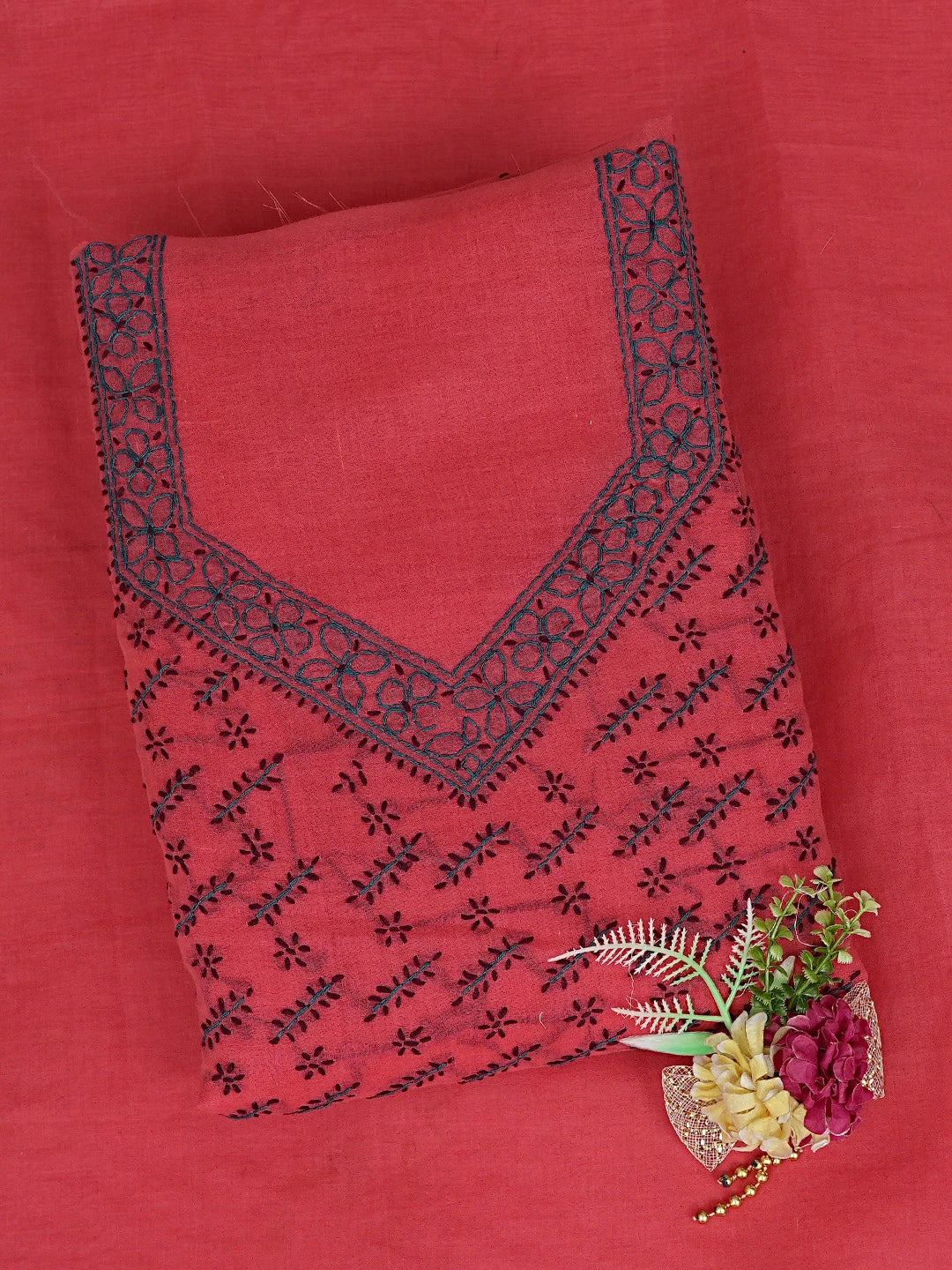 Ada Hand Embroidered Red Cotton Lucknowi Chikankari Unstitched Suit Piece 01A893872