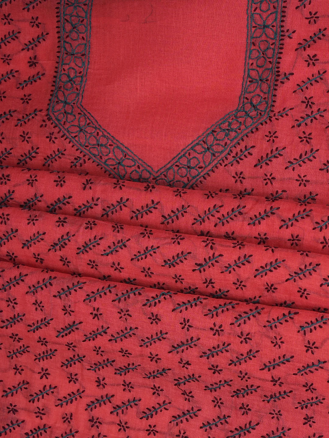 Ada Hand Embroidered Red Cotton Lucknowi Chikankari Unstitched Suit Piece 01A893872