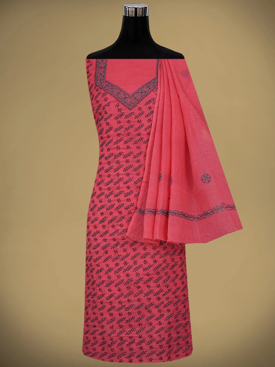 Ada Hand Embroidered Red Cotton Lucknowi Chikankari Unstitched Suit Piece 01A893872