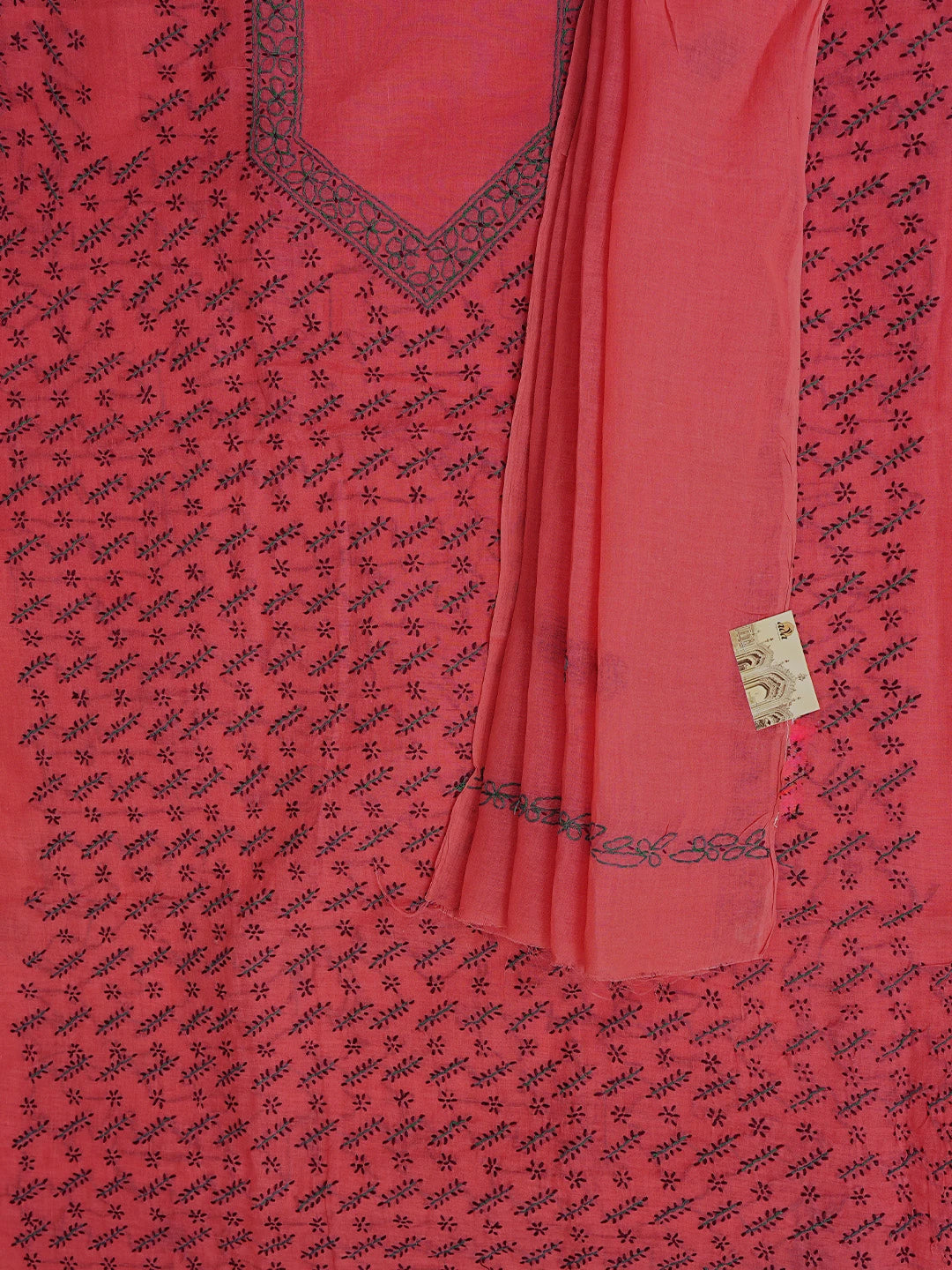 Ada Hand Embroidered Red Cotton Lucknowi Chikankari Unstitched Suit Piece 01A893872