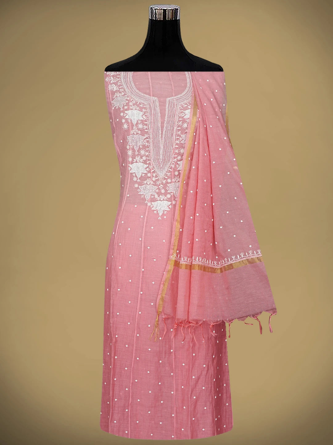Ada Hand Embroidered Peach Chanderi Lucknowi Chikankari Semi-Stitched Anarkali Kurta Dupatta Set With Pearl Work 01A879013