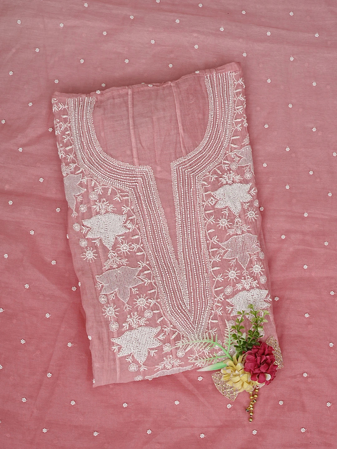 Ada Hand Embroidered Peach Chanderi Lucknowi Chikankari Semi-Stitched Anarkali Kurta Dupatta Set With Pearl Work 01A879013