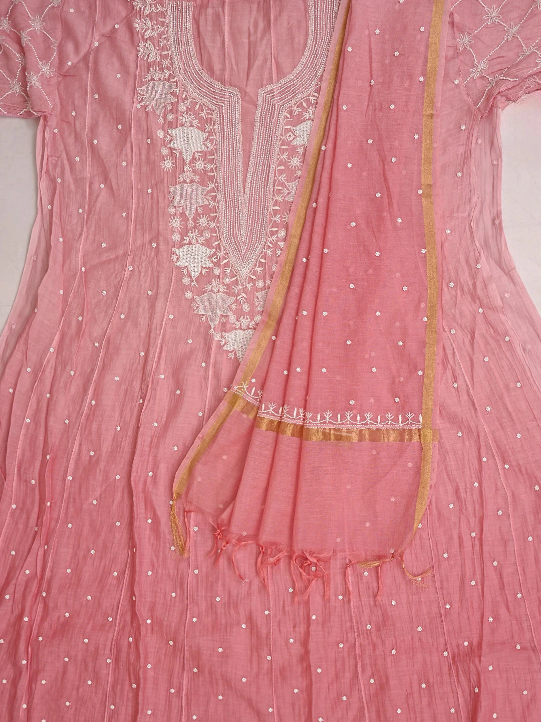 Ada Hand Embroidered Peach Chanderi Lucknowi Chikankari Semi-Stitched Anarkali Kurta Dupatta Set With Pearl Work 01A879013