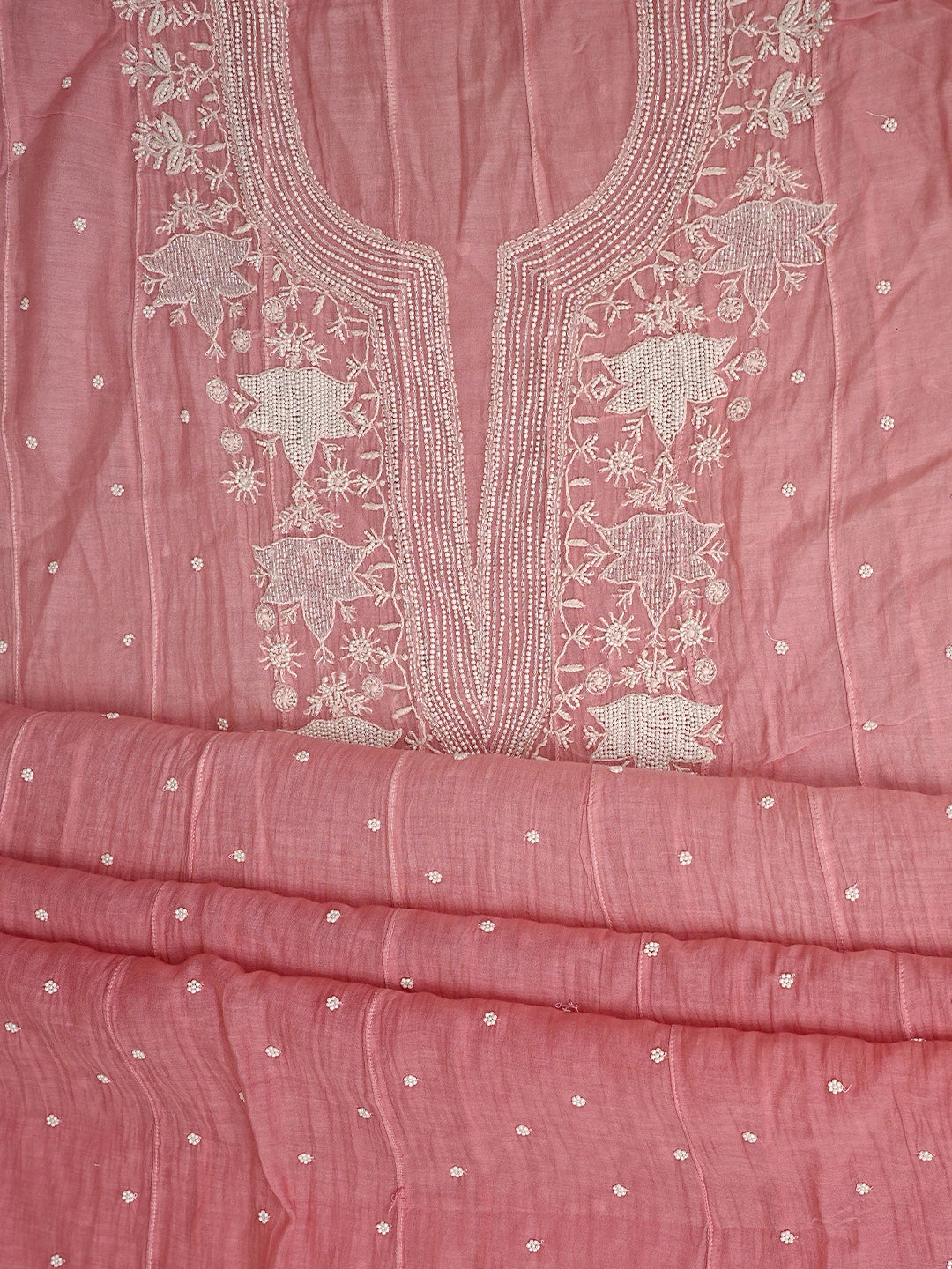 Ada Hand Embroidered Peach Chanderi Lucknowi Chikankari Semi-Stitched Anarkali Kurta Dupatta Set With Pearl Work 01A879013